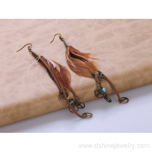 Hinged Earrings Peace Charm Pendant Long Feather Earrings